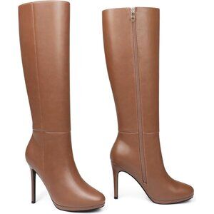 Women's Stiletto Knee High Boots Platform Side Zipper Brown Long Boots